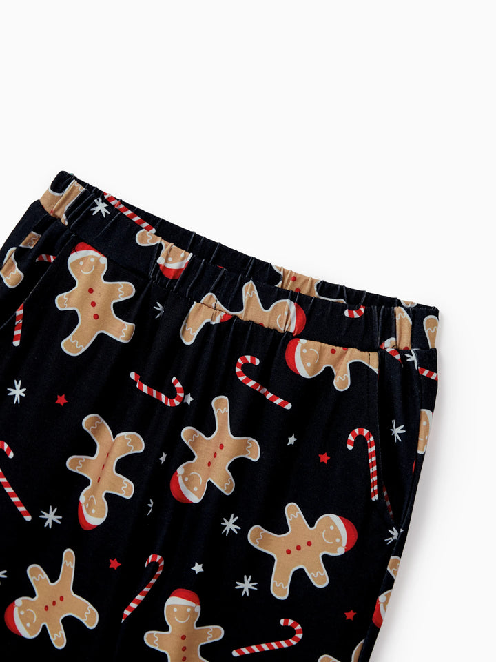 Conjunto de Pijamas de Natal Correspondentes para Família com Estampado de Bolachas de Gengibre - Pijamas Pretos com Meias de Natal Pretas