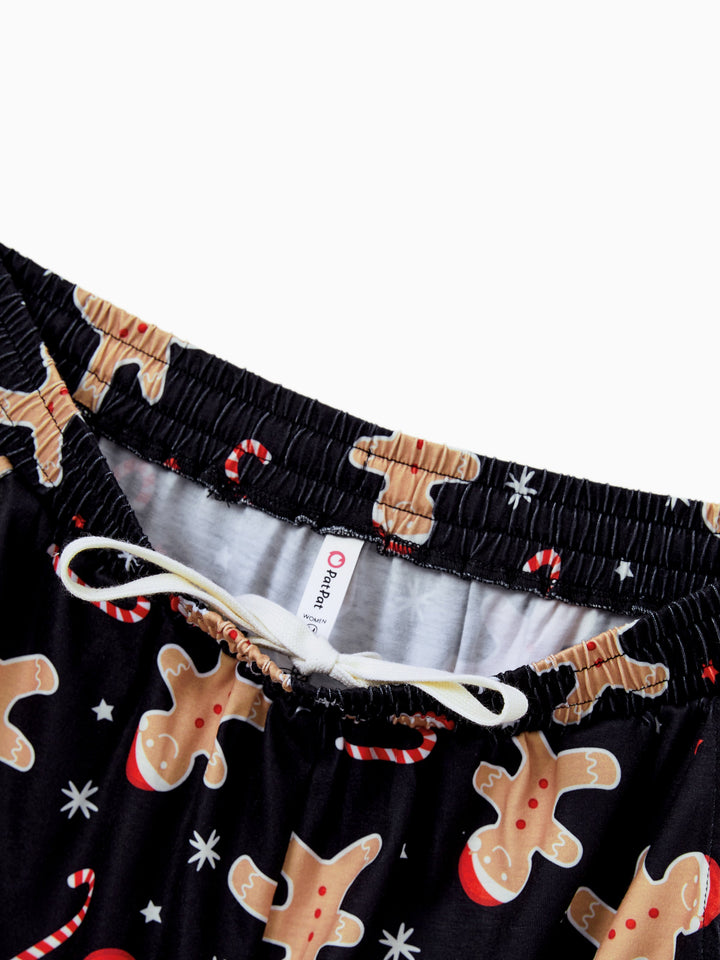 Conjunto de Pijamas de Natal Correspondentes para Família com Estampado de Bolachas de Gengibre - Pijamas Pretos com Meias de Natal Pretas