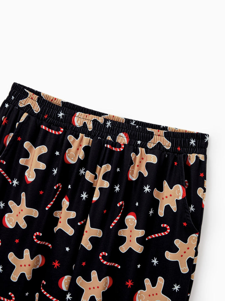 Conjunto de Pijamas de Natal Correspondentes para Família com Estampado de Bolachas de Gengibre - Pijamas Pretos com Meias de Natal Pretas