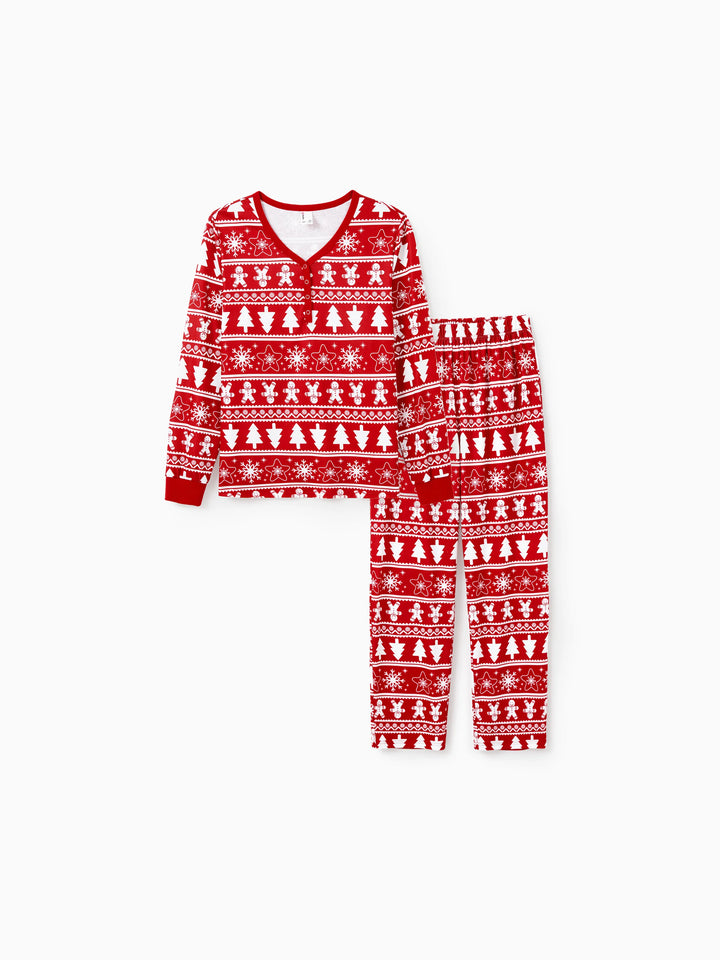 Conjunto de Pijamas em Família Coordenados para o Natal com Estampado de Homem de Gengibre e Árvore de Natal, Pijamas Vermelhos com Meias de Natal Vermelhas