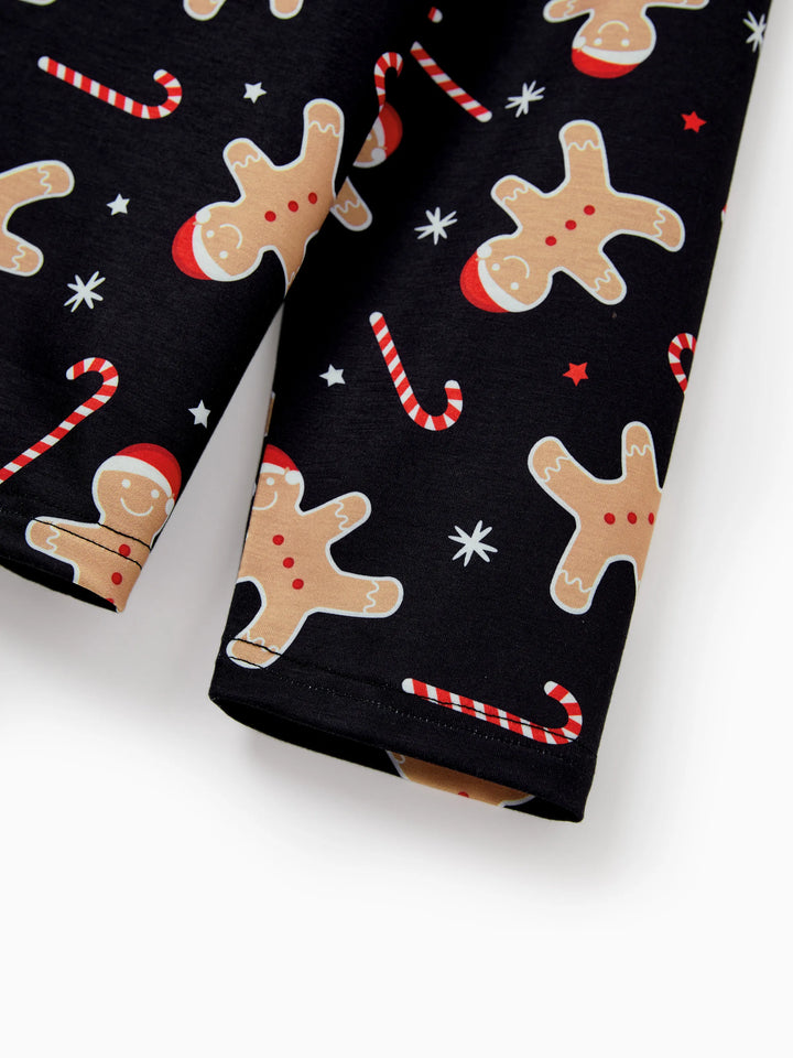 Conjunto de Pijamas de Natal Correspondentes para Família com Estampado de Bolachas de Gengibre - Pijamas Pretos com Meias de Natal Pretas