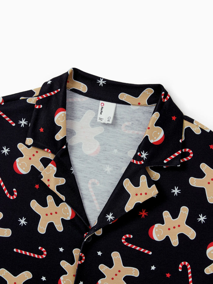 Conjunto de Pijamas de Natal Correspondentes para Família com Estampado de Bolachas de Gengibre - Pijamas Pretos com Meias de Natal Pretas