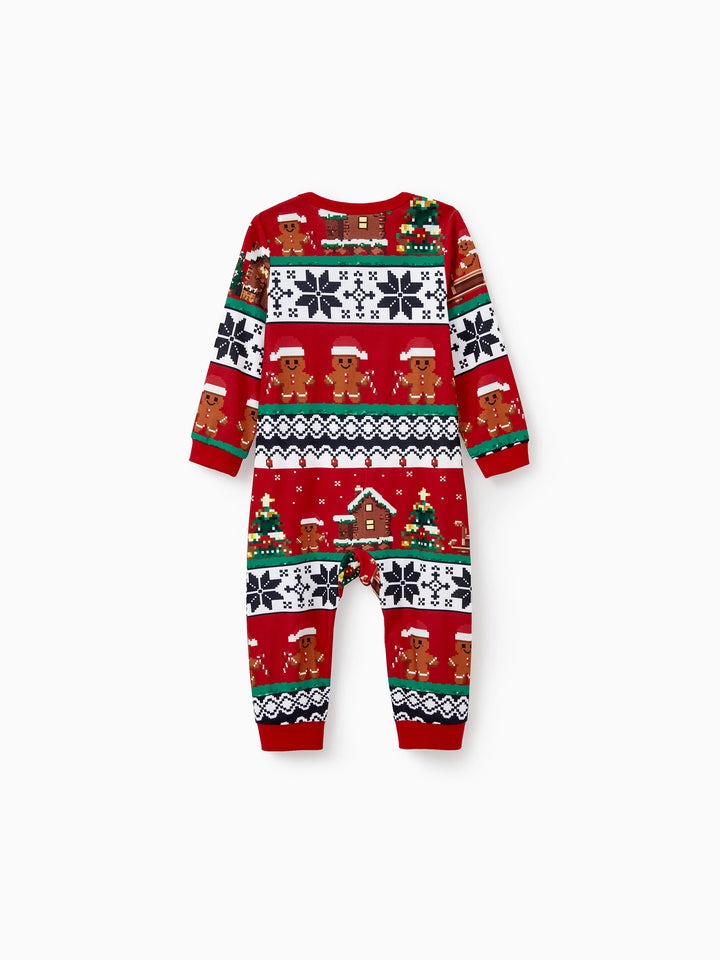 Conjunto de Pijamas em Família Correspondentes para o Natal Estampado com Ginginhas, PJs de Manga Longa com Meias de Natal em Vermelho