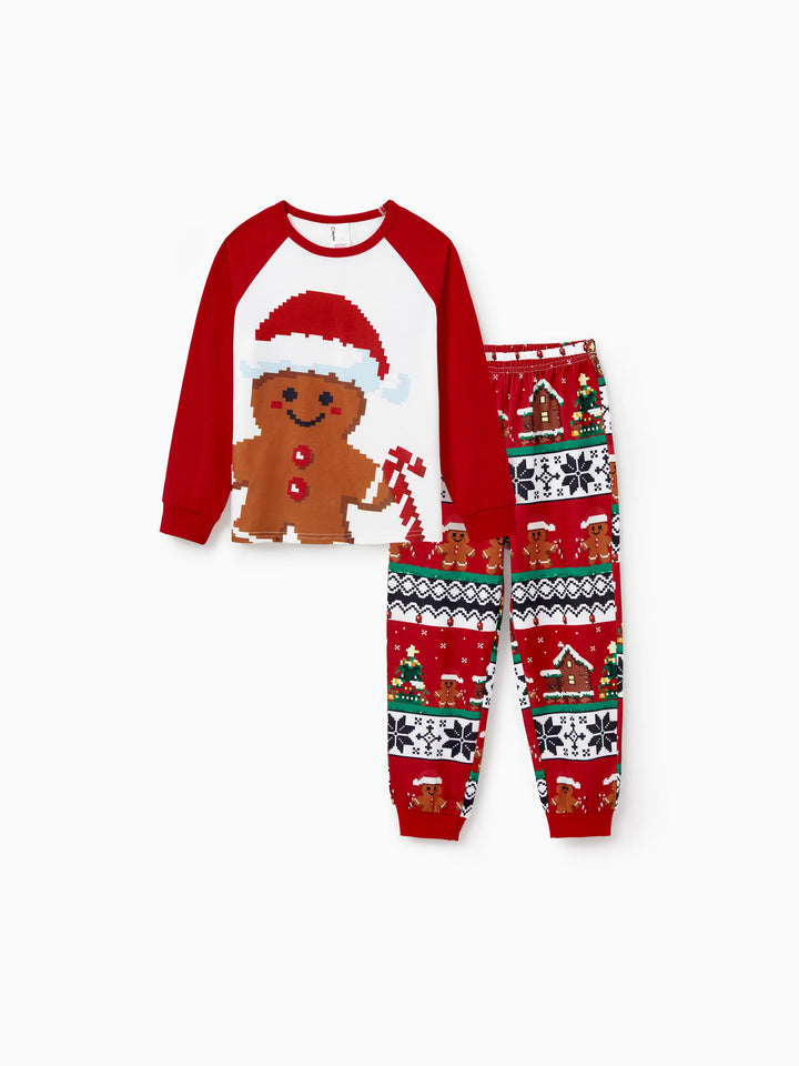 Conjunto de Pijamas em Família Correspondentes para o Natal Estampado com Ginginhas, PJs de Manga Longa com Meias de Natal em Vermelho