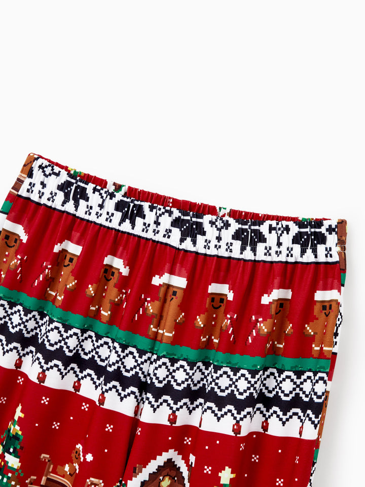 Conjunto de Pijamas em Família Correspondentes para o Natal Estampado com Ginginhas, PJs de Manga Longa com Meias de Natal em Vermelho