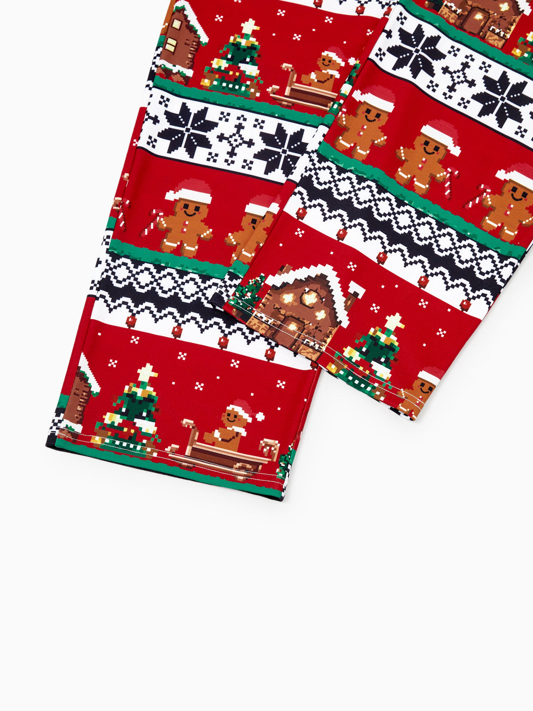 Conjunto de Pijamas em Família Correspondentes para o Natal Estampado com Ginginhas, PJs de Manga Longa com Meias de Natal em Vermelho