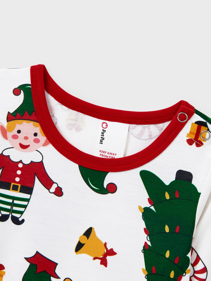 Conjunto de Pijamas Coordenação de Natal para toda a Família Estampado com Pai Natal e Árvore de Natal, Pijamas de Manga Longa com Meias de Natal Brancas