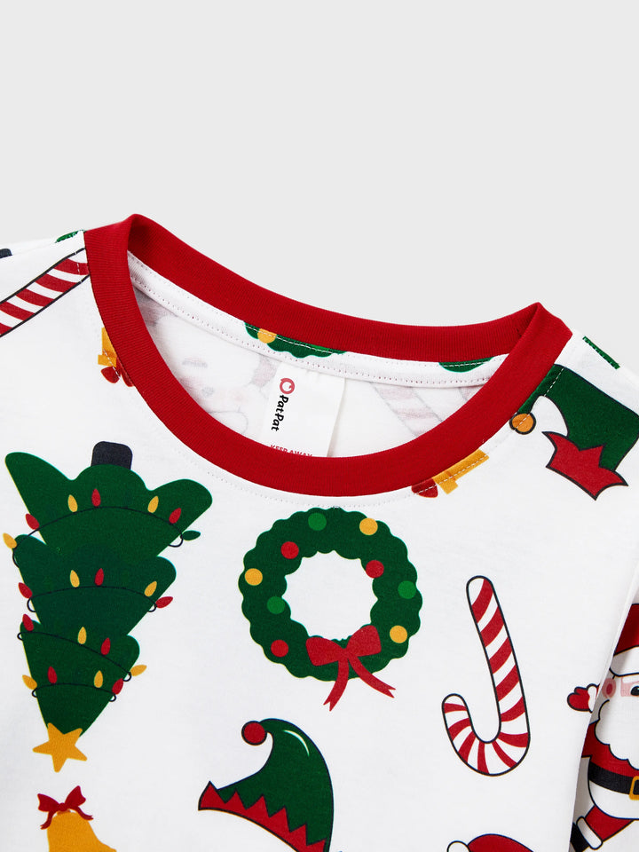 Conjunto de Pijamas Coordenação de Natal para toda a Família Estampado com Pai Natal e Árvore de Natal, Pijamas de Manga Longa com Meias de Natal Brancas