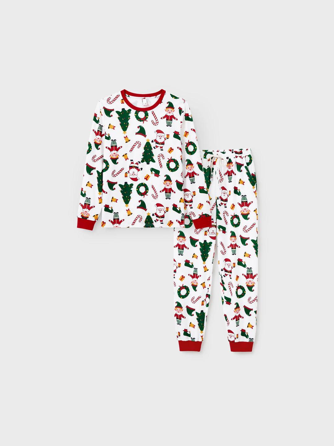 Conjunto de Pijamas Coordenação de Natal para toda a Família Estampado com Pai Natal e Árvore de Natal, Pijamas de Manga Longa com Meias de Natal Brancas