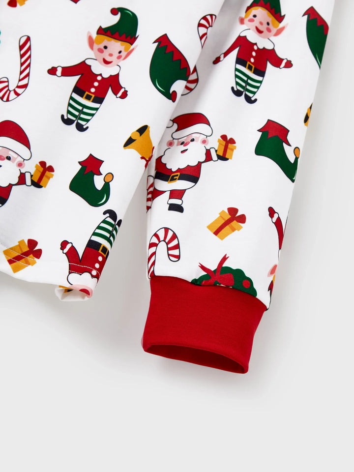 Conjunto de Pijamas Coordenação de Natal para toda a Família Estampado com Pai Natal e Árvore de Natal, Pijamas de Manga Longa com Meias de Natal Brancas
