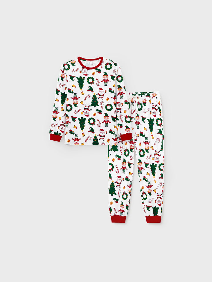 Conjunto de Pijamas Coordenação de Natal para toda a Família Estampado com Pai Natal e Árvore de Natal, Pijamas de Manga Longa com Meias de Natal Brancas