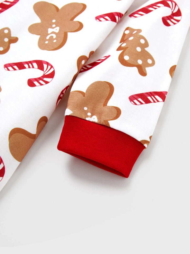 Conjunto de Pijamas de Natal em Família com Estampado de Gengibre e Bastão de Dóceis, incluindo Meias de Natal Vermelhas.