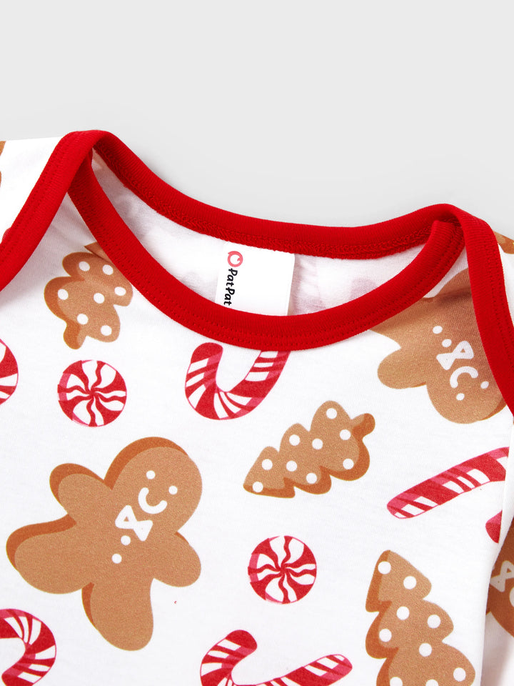 Conjunto de Pijamas de Natal em Família com Estampado de Gengibre e Bastão de Dóceis, incluindo Meias de Natal Vermelhas.