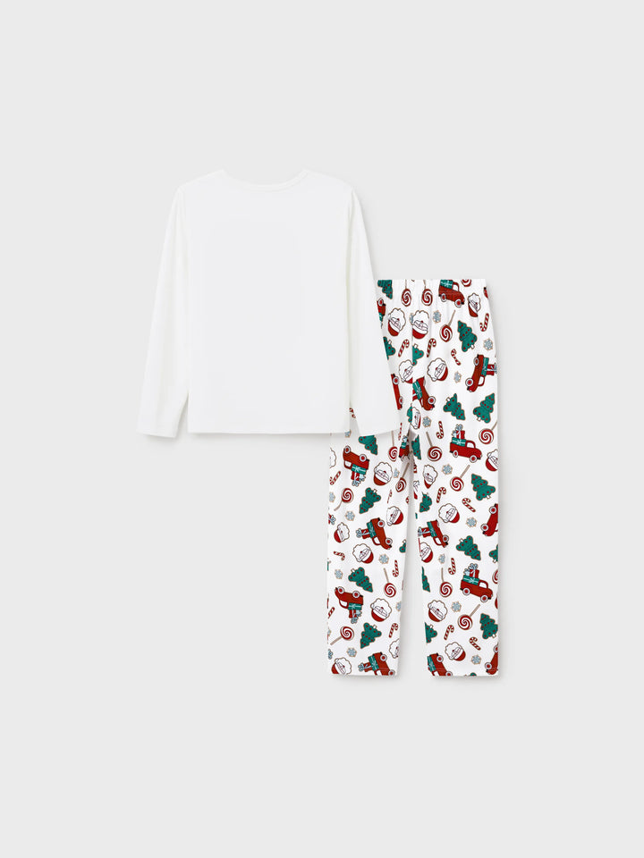 Conjunto de Pijamas em Família para o Natal com Impressão de Pai Natal e Árvore de Natal - PJs Brancos com Meias de Natal Brancas