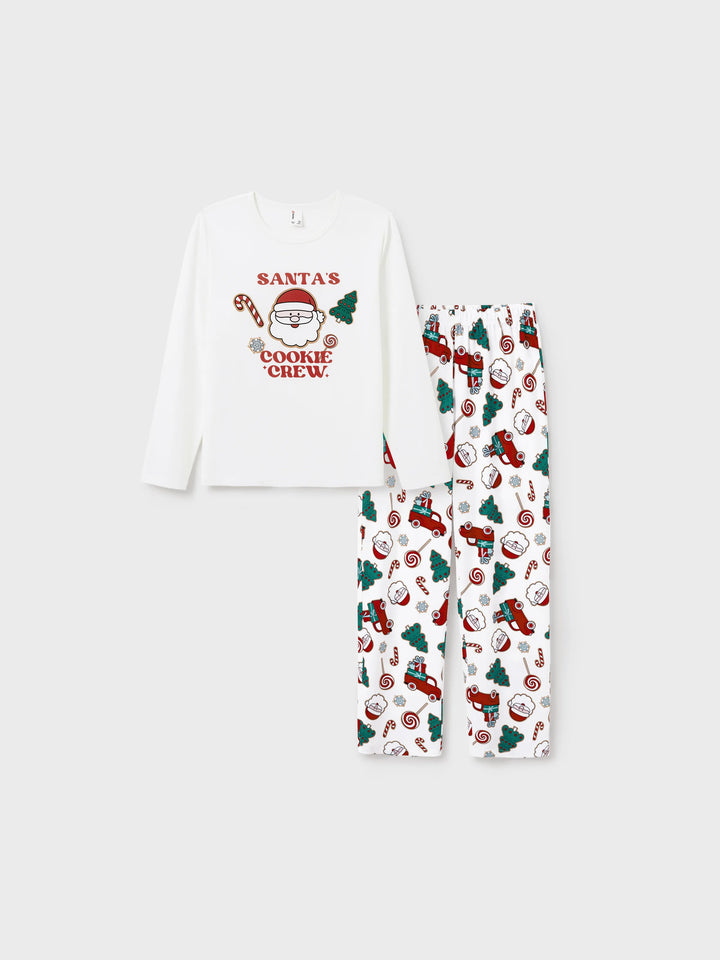 Conjunto de Pijamas em Família para o Natal com Impressão de Pai Natal e Árvore de Natal - PJs Brancos com Meias de Natal Brancas