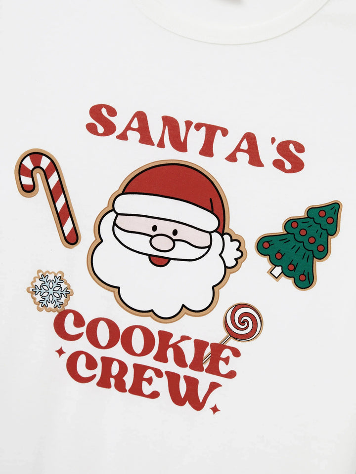 Conjunto de Pijamas em Família para o Natal com Impressão de Pai Natal e Árvore de Natal - PJs Brancos com Meias de Natal Brancas