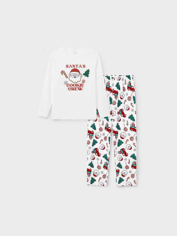 Conjunto de Pijamas em Família para o Natal com Impressão de Pai Natal e Árvore de Natal - PJs Brancos com Meias de Natal Brancas