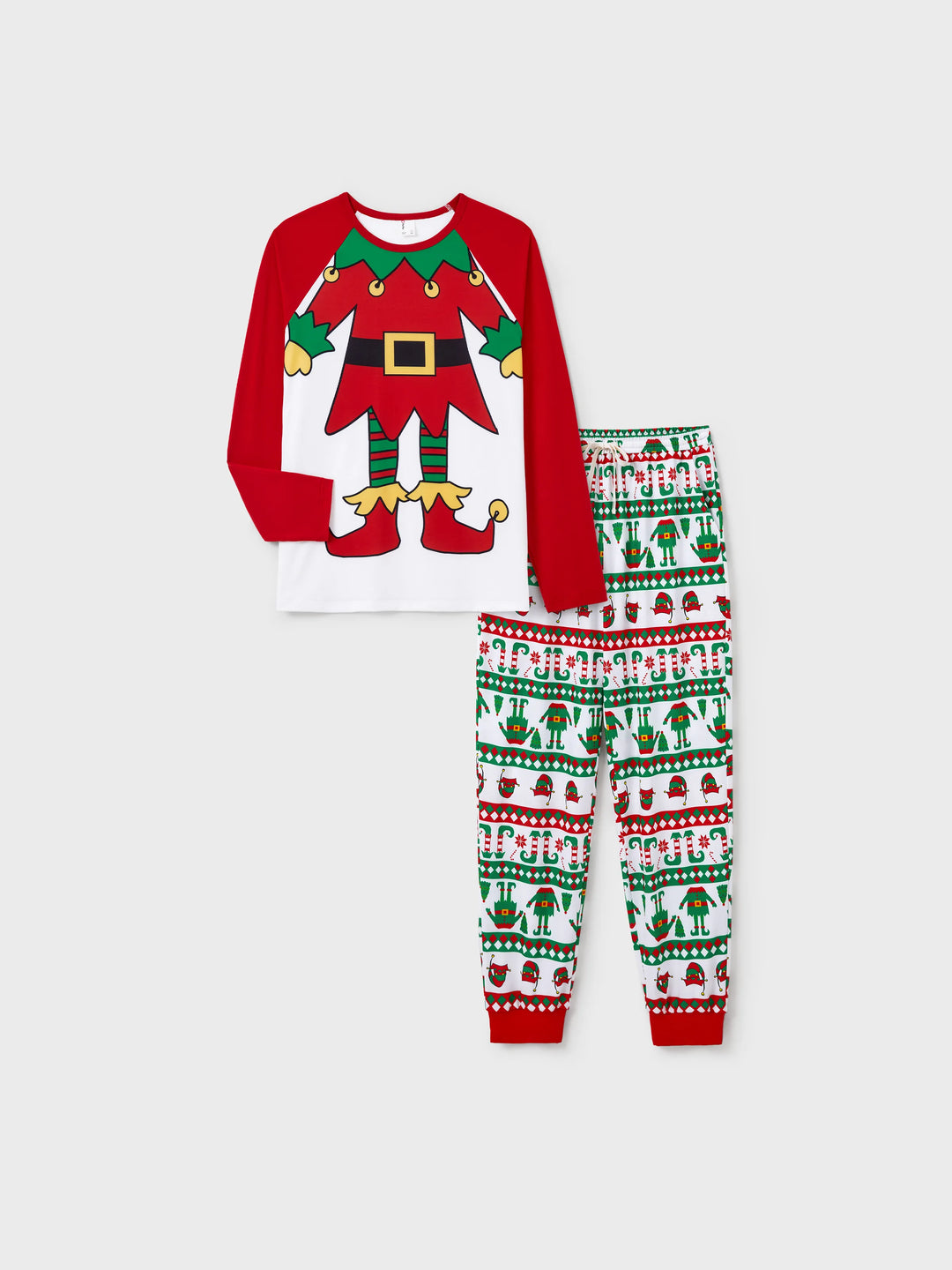 Conjunto de Pijamas de Natal para a Família em Conjunto com Meias de Natal - Estampa de Elfo - Vermelho