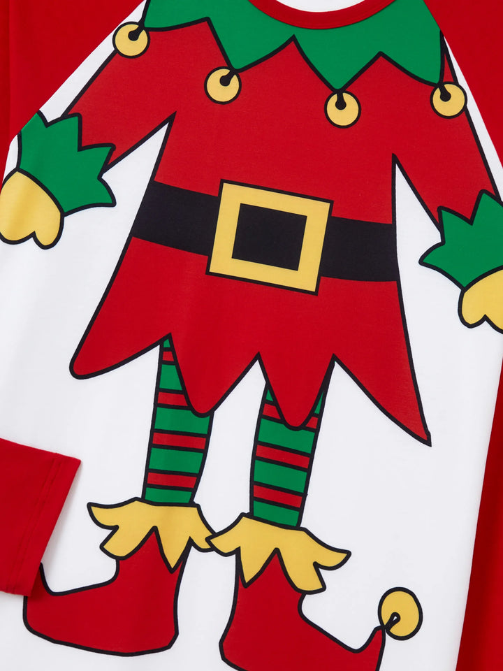 Conjunto de Pijamas de Natal para a Família em Conjunto com Meias de Natal - Estampa de Elfo - Vermelho