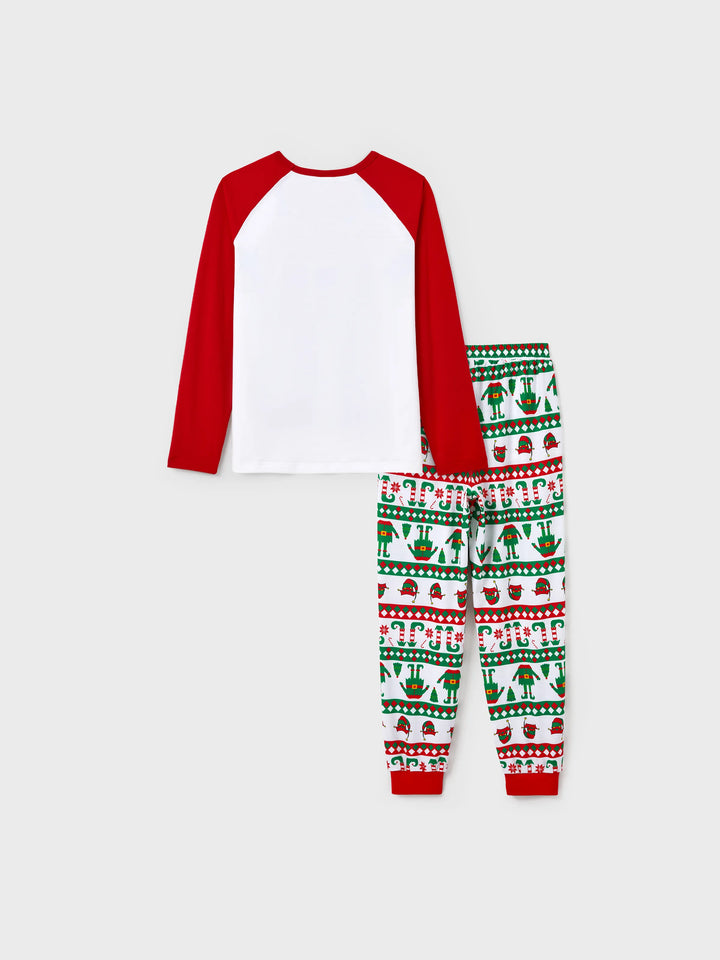 Conjunto de Pijamas de Natal para a Família em Conjunto com Meias de Natal - Estampa de Elfo - Vermelho