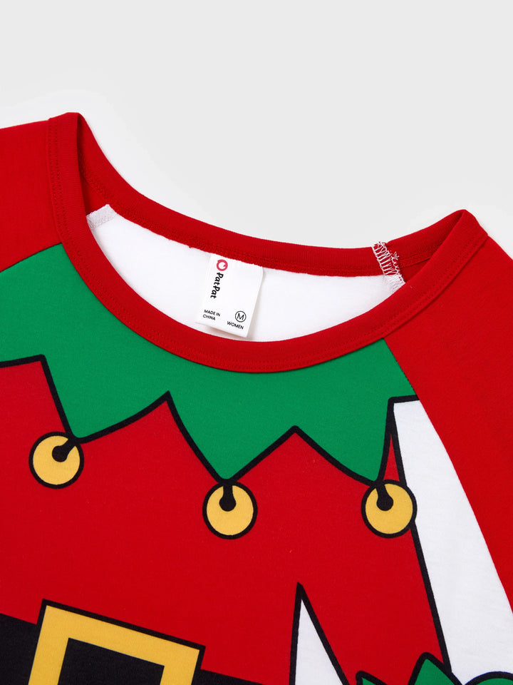Conjunto de Pijamas de Natal para a Família em Conjunto com Meias de Natal - Estampa de Elfo - Vermelho