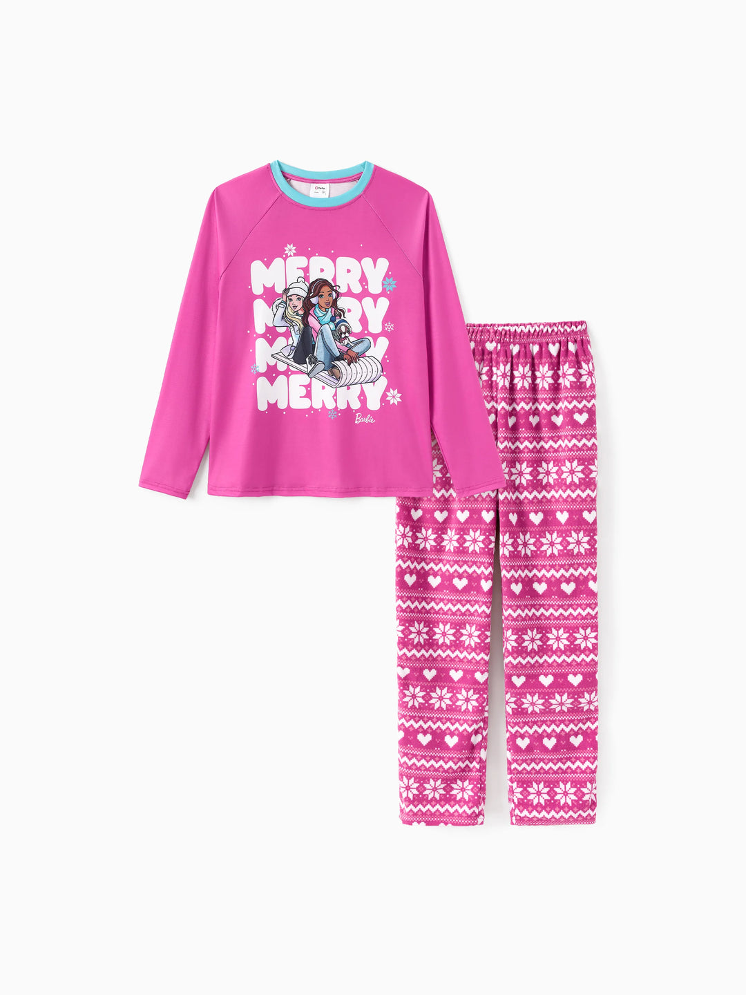 Conjunto de Pijamas em Rosa Choque para Mãe e Filha com Estampado de Flocos de Neve da Barbie para o Natal