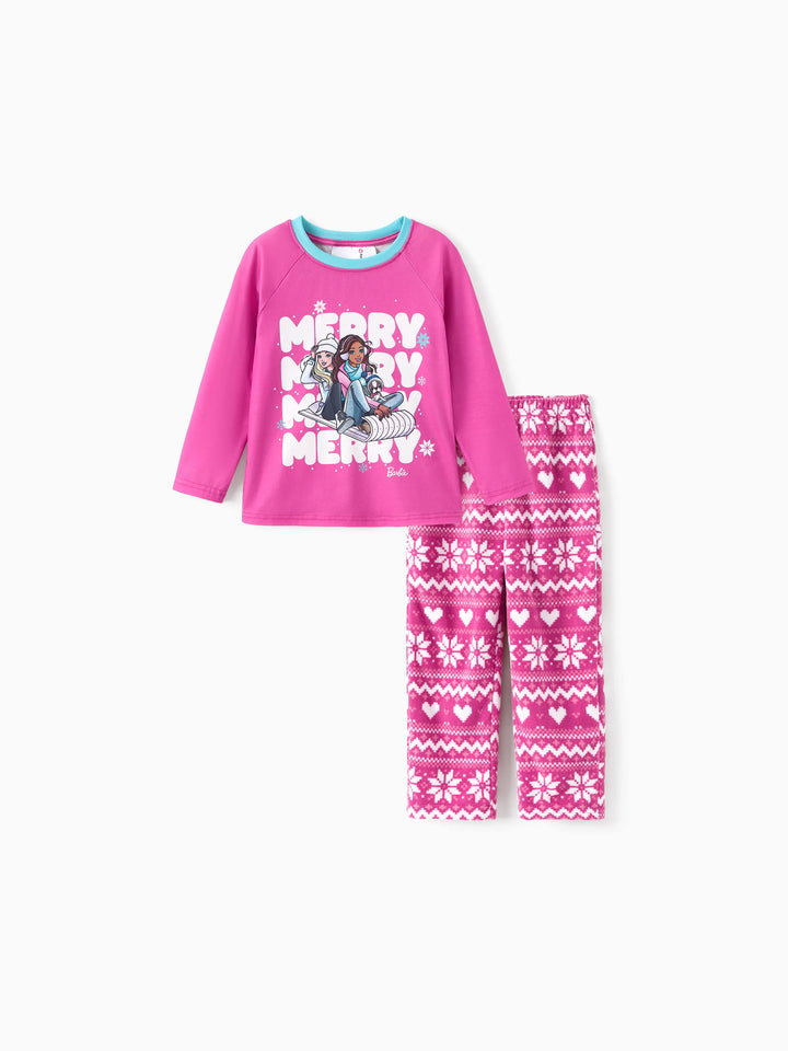 Conjunto de Pijamas em Rosa Choque para Mãe e Filha com Estampado de Flocos de Neve da Barbie para o Natal