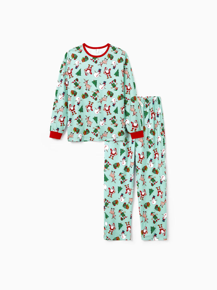 Conjunto de Pijamas de Natal Coordinate para Família com Estampa de Renas e Meias de Natal Verde Claro