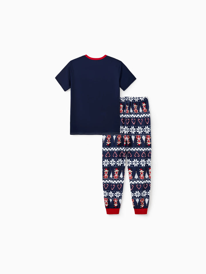 Conjunto de Pijamas para toda a Família a Condizer com Estampa de Renas e Flocos de Neve Azul Escuro