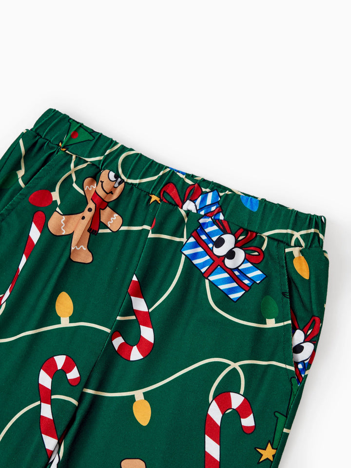Conjunto de Pijamas em Família para o Natal em Verde e Branco com Gengibre e Árvore de Natal, incluindo Meias de Natal Verde Escuro.
