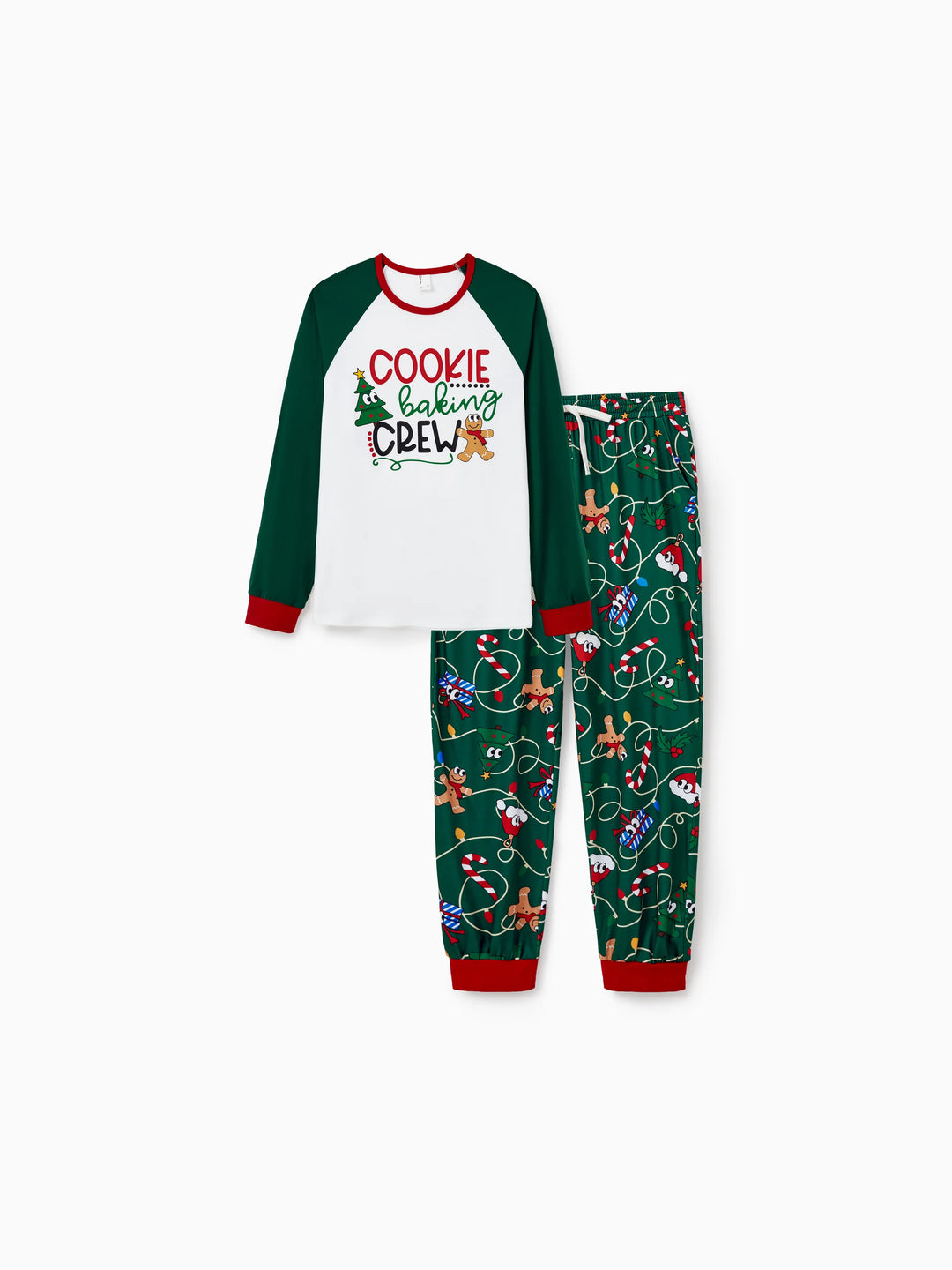 Conjunto de Pijamas em Família para o Natal em Verde e Branco com Gengibre e Árvore de Natal, incluindo Meias de Natal Verde Escuro.
