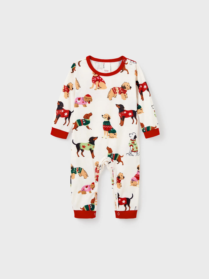 Conjunto de Pijamas Coincidentes para a Família no Natal com Vários Design de Cães e Meias de Natal em Cor Apricot