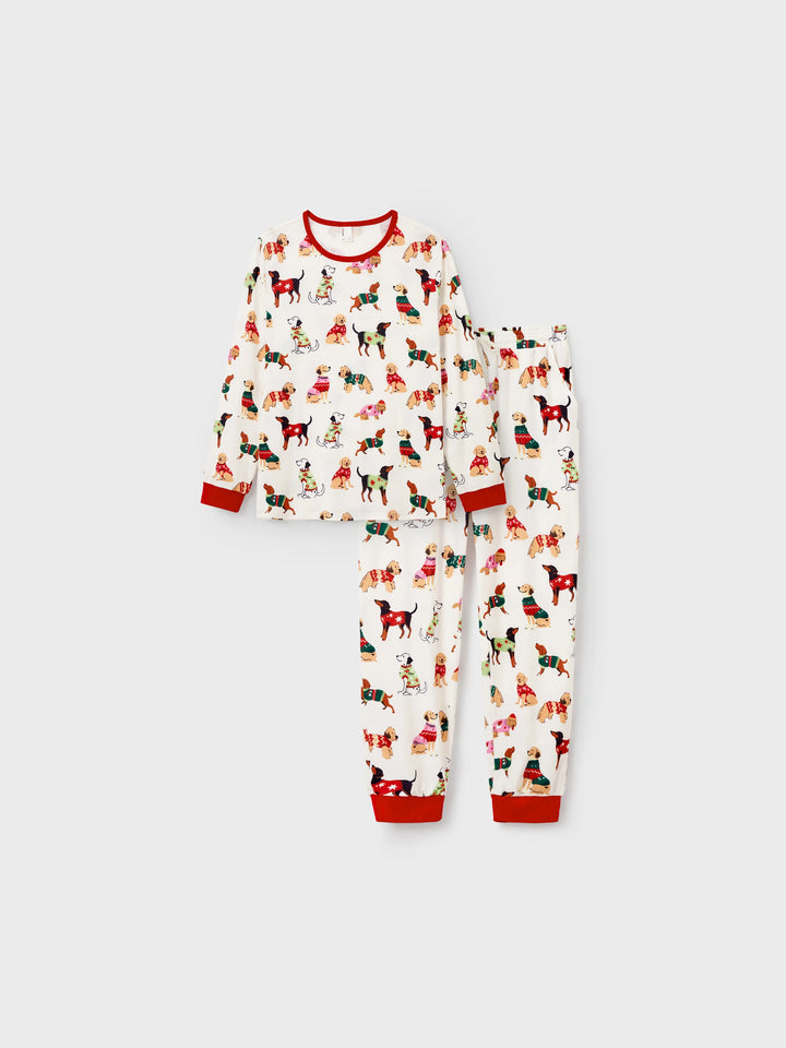 Conjunto de Pijamas Coincidentes para a Família no Natal com Vários Design de Cães e Meias de Natal em Cor Apricot