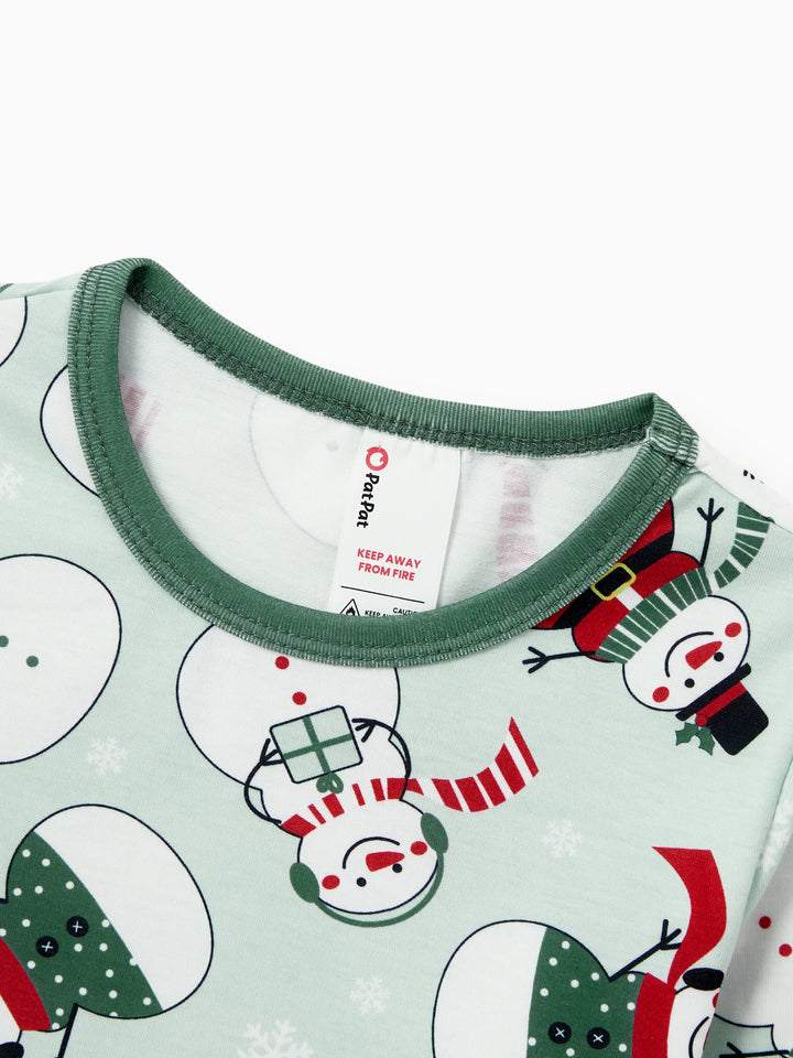 Conjunto de Pijamas de Natal em Família com Estampa de Boneco de Neve e Meias de Natal em Verde Menta