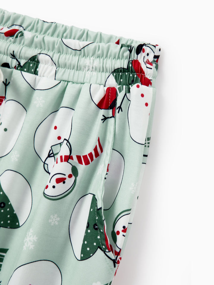 Conjunto de Pijamas de Natal em Família com Estampa de Boneco de Neve e Meias de Natal em Verde Menta