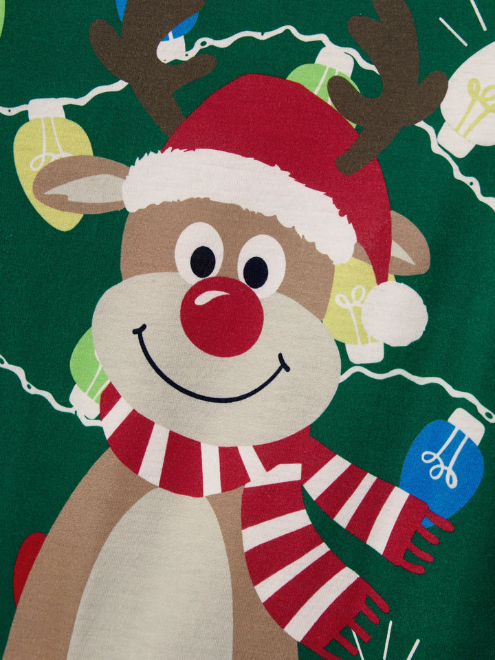 Conjunto de Pijamas de Natal para a Família em Coordenação - Estampado de Renas em Verde com Meias de Natal Verdes