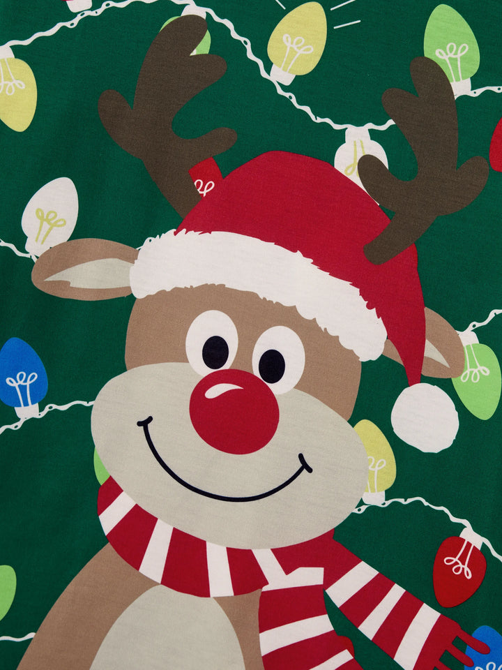 Conjunto de Pijamas de Natal para a Família em Coordenação - Estampado de Renas em Verde com Meias de Natal Verdes