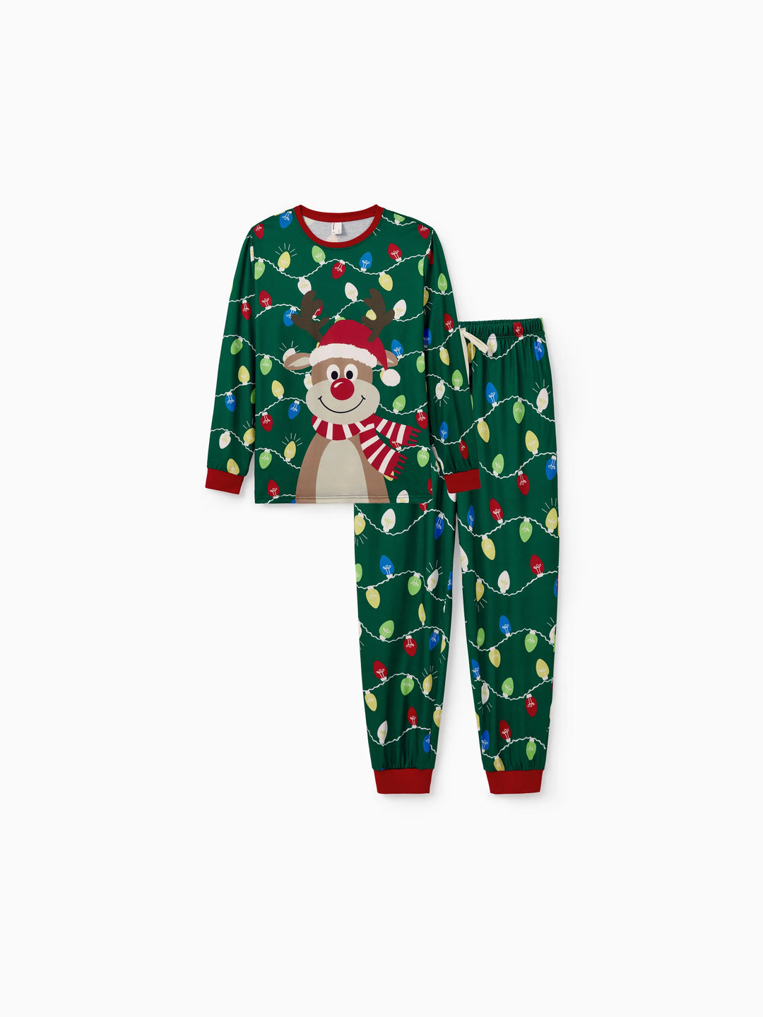 Conjunto de Pijamas de Natal para a Família em Coordenação - Estampado de Renas em Verde com Meias de Natal Verdes