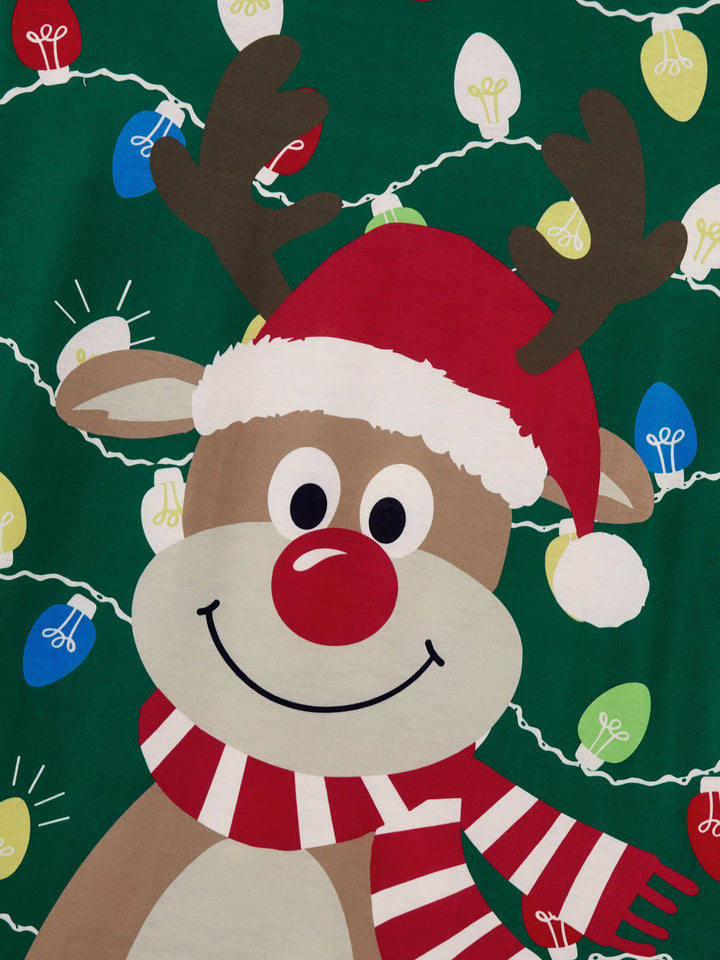 Conjunto de Pijamas de Natal para a Família em Coordenação - Estampado de Renas em Verde com Meias de Natal Verdes