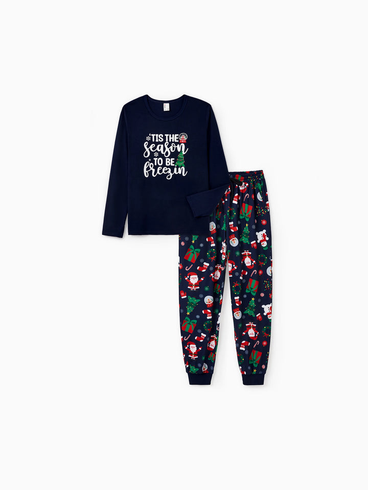 Conjunto de Pijamas para a Família Natalícios a Condizer que Brilha no Escuro - Pai Natal em Azul Escuro com Meias de Natal em Azul Profundo