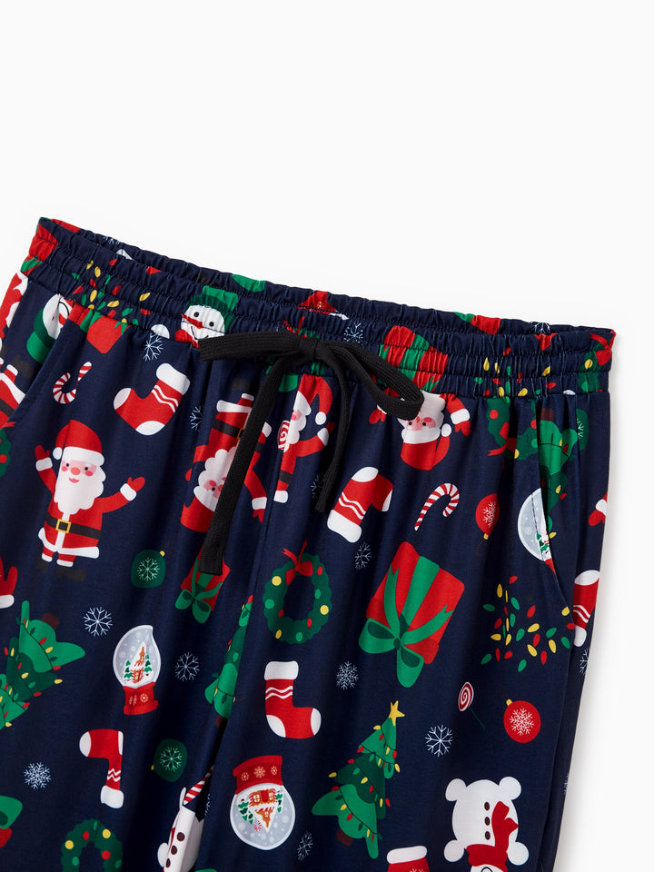 Conjunto de Pijamas para a Família Natalícios a Condizer que Brilha no Escuro - Pai Natal em Azul Escuro com Meias de Natal em Azul Profundo