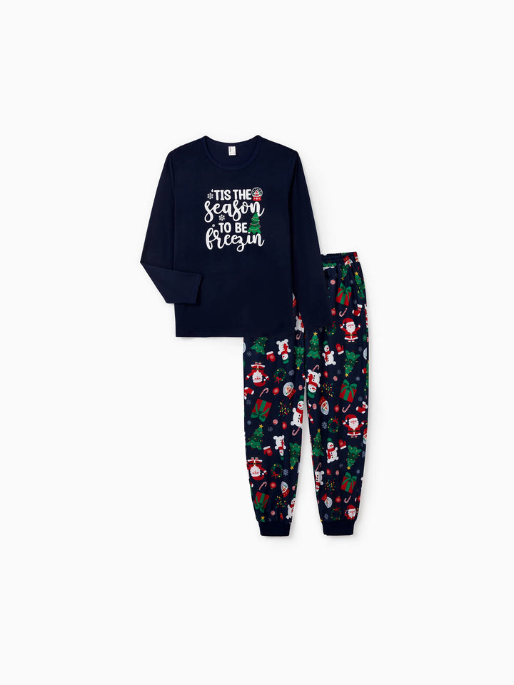 Conjunto de Pijamas para a Família Natalícios a Condizer que Brilha no Escuro - Pai Natal em Azul Escuro com Meias de Natal em Azul Profundo