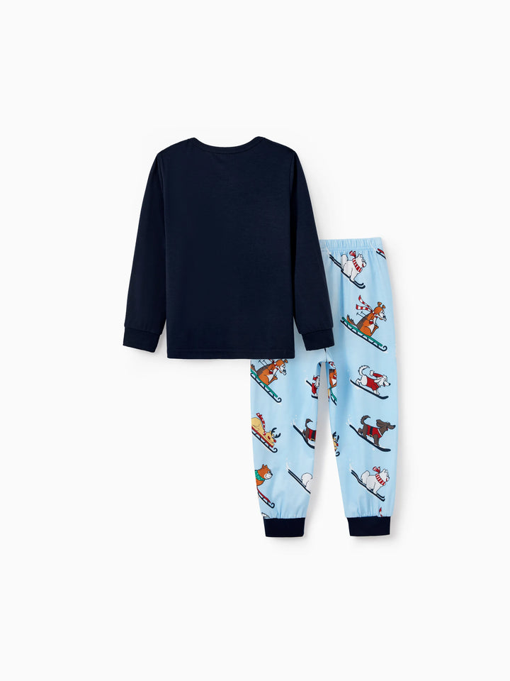 Conjunto de Pijamas de Natal para a Família com Estampa de Cães de trenó e Meias de Natal Azuis