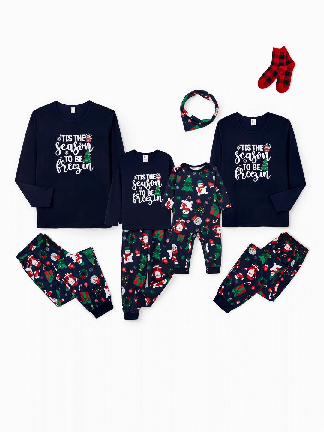 Conjunto de Pijamas para a Família Natalícios a Condizer que Brilha no Escuro - Pai Natal em Azul Escuro com Meias de Natal em Azul Profundo