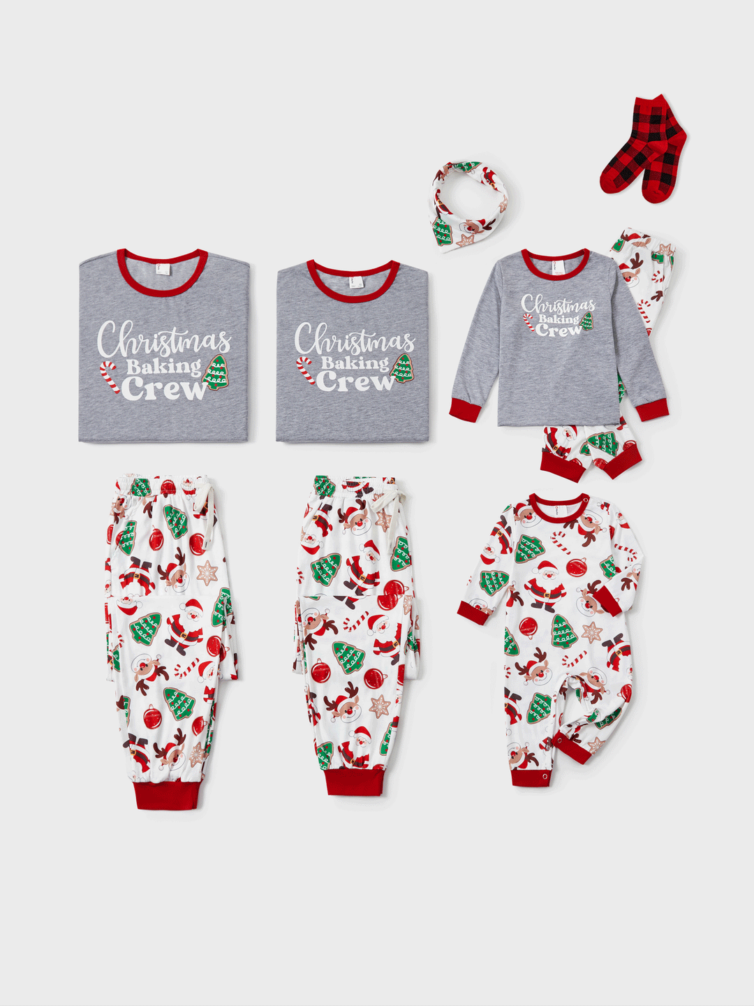 Conjunto de Pijamas em Família para o Natal com Estampa de Pai Natal que Brilha no Escuro, Inclui Meias de Natal em Cores Contrastantes.