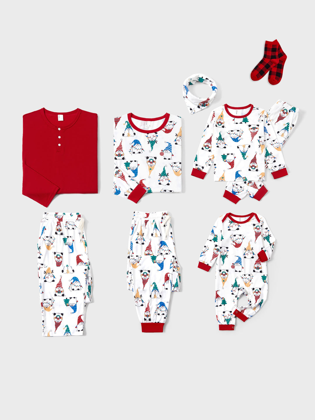 Conjunto de Pijamas de Natal em Família com Estampa de Gnomo Natalício e Meias de Natal Vermelhas
