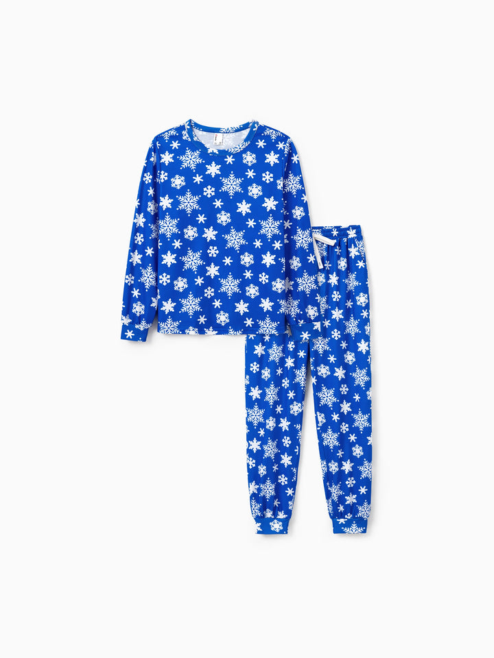Conjunto de Pijamas em Família para o Natal com Estampa de Flocos de Neve - Pijamas Azuis com Meias de Natal Azuis