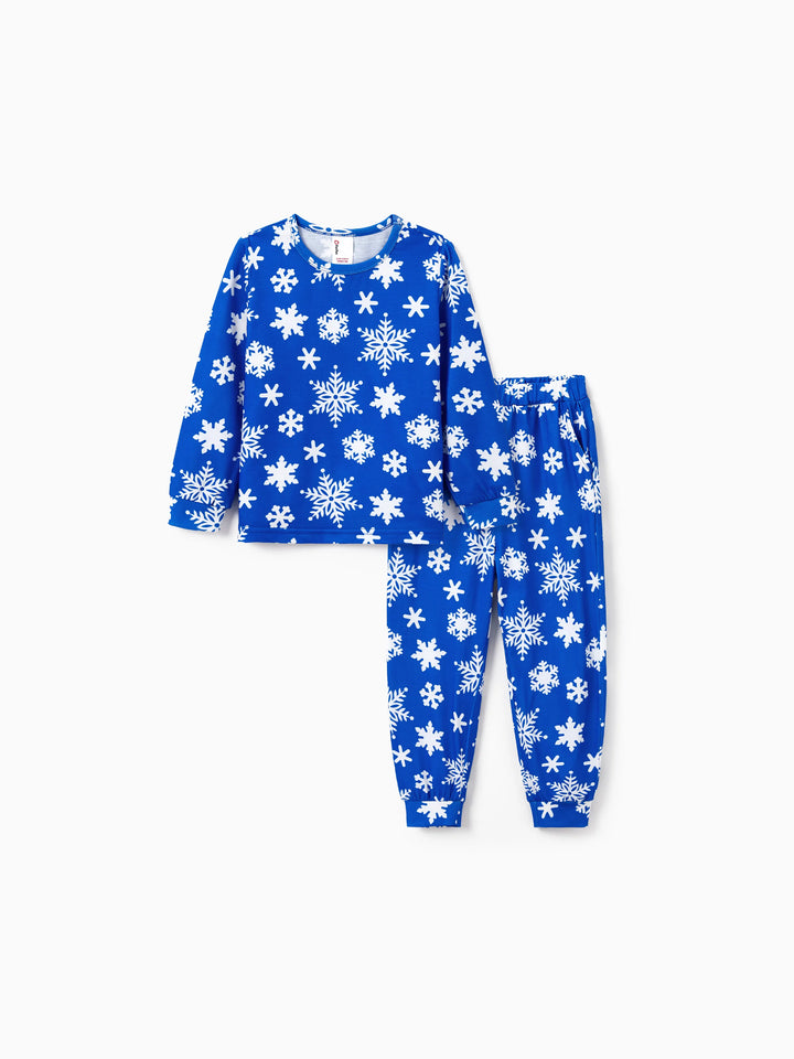 Conjunto de Pijamas em Família para o Natal com Estampa de Flocos de Neve - Pijamas Azuis com Meias de Natal Azuis