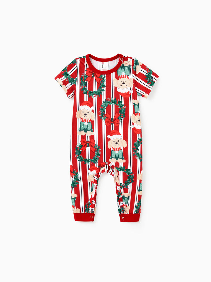 Conjunto de Pijamas Coordenados para a Família no Natal com Estampa de Cãozinho Vermelhos