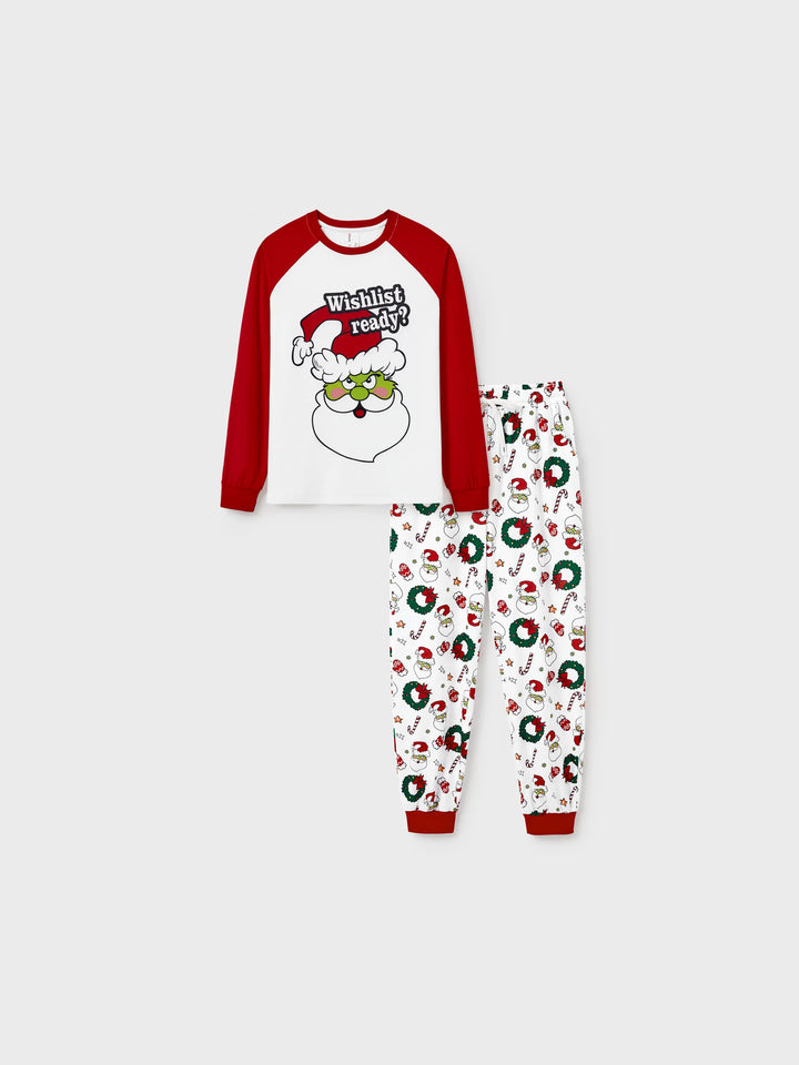 Conjunto de Pijamas em Coordenação para a Família com Tema do Grinch de Natal e Meias de Natal Vermelhas